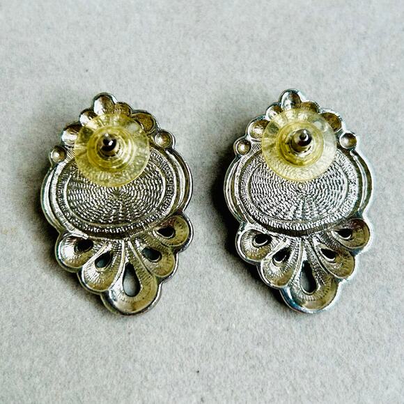 Silver Tone Faux Lapis Center Ornate Earrings - Picture 3 of 3